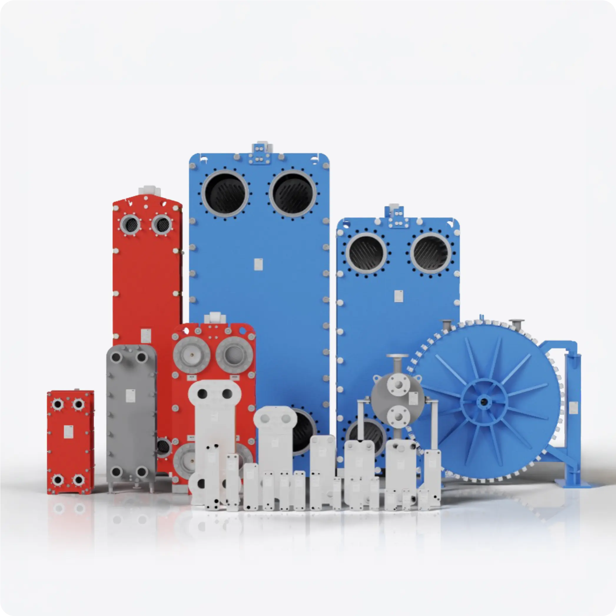 Various industrial heat exchangers in different shapes, sizes, and colors, displayed on a white background